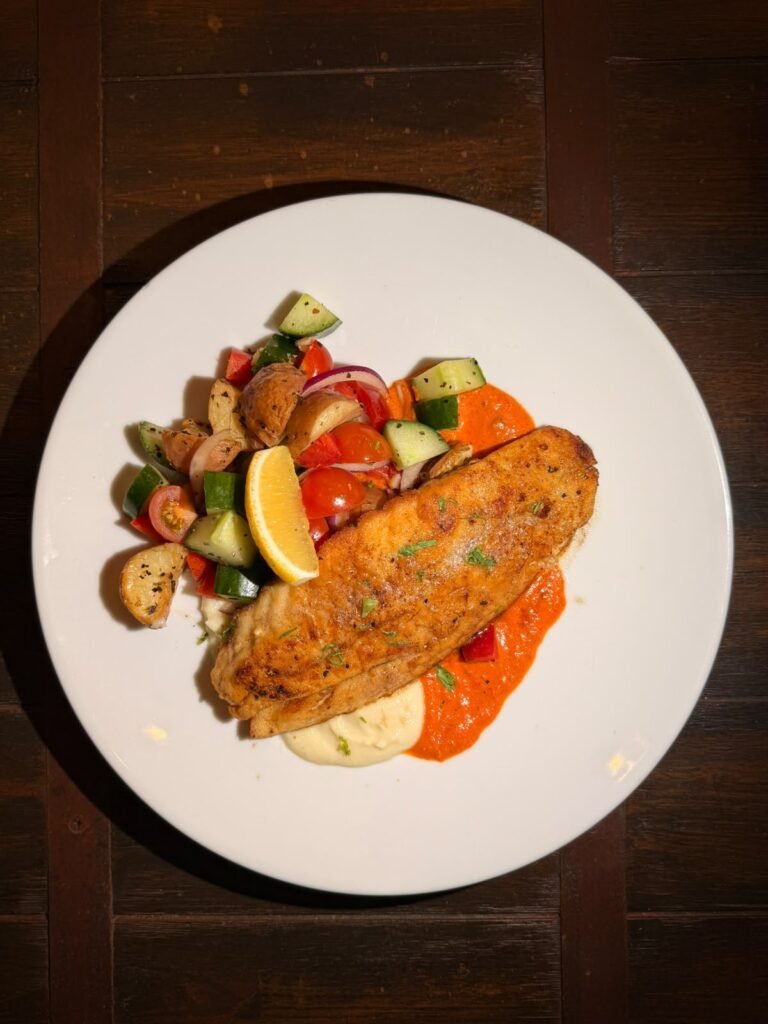 Grilled fish dish at Tropical River Hotel restaurant in Katherine NT